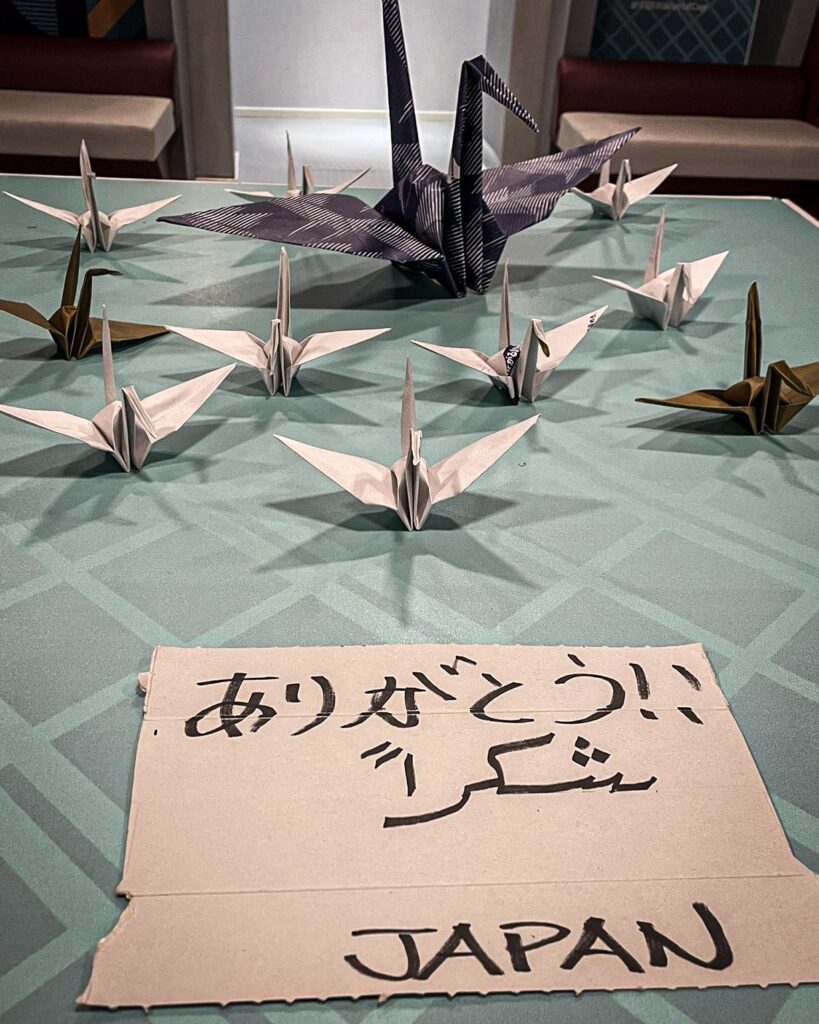 Japan Team leave Origami Cranes as a sign of Honour