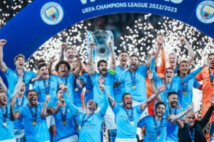 Manchester City with the UEFA Champions League title