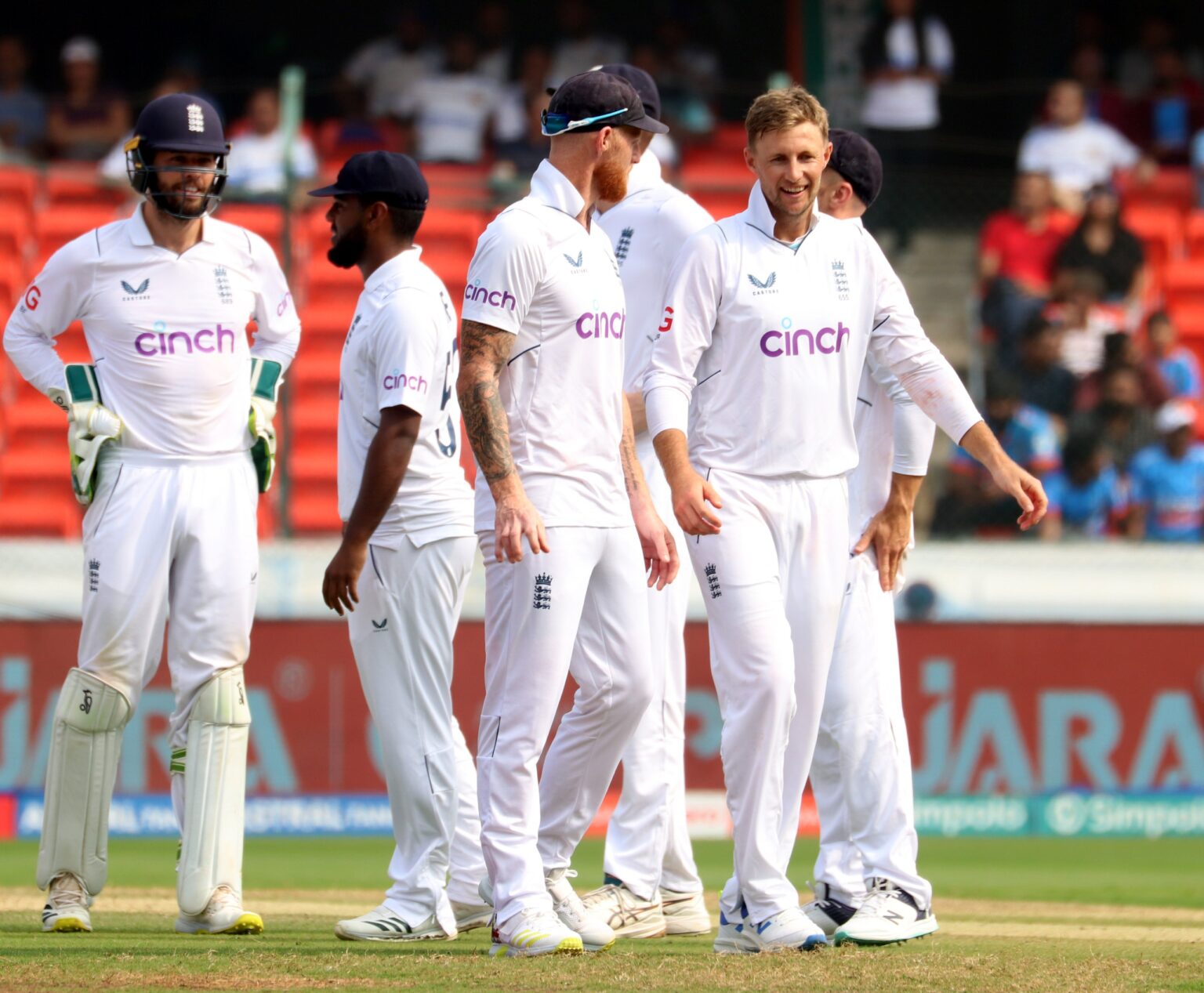 England won the first Test by 28 runs in Hyderabad.