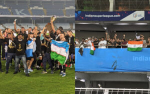 Mohammedan SC Players lifting I-League Trophy and their fans in Gallery
