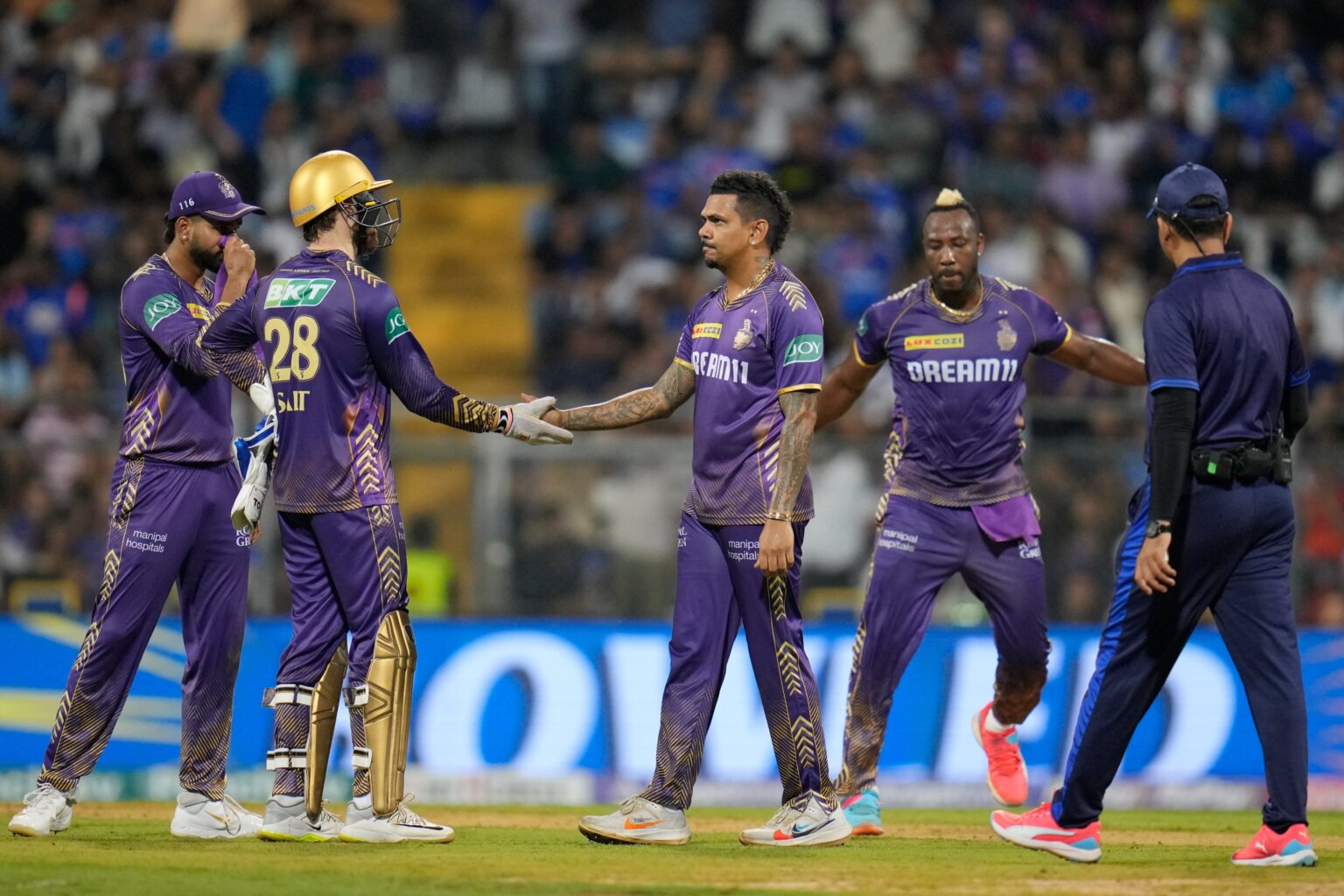 Sunil Narine celebrates a wicket vs Mumbai Indians