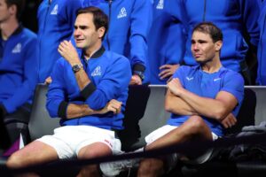 Roger Federer and Rafa Nadal crying together at Federer's farewell