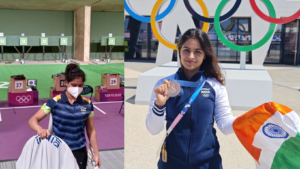 Manu Bhaker in Tokyo 2020 (left). Today with her bronze medal