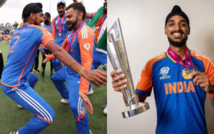 Arshdeep Singh dancing with Virat Kohli and with the trophy and medal