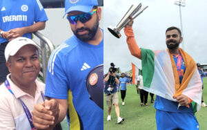 Debasis Sen with Captain Rohit Sharma and his captured pic of Virat Kohli with the WC Trophy