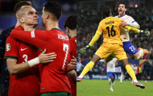 Heartbroken Cristiano Ronaldo with Pepe and France celebrating after win