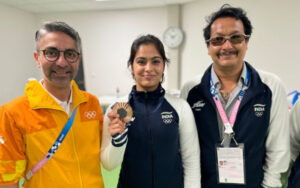 Manu Bhaker with coach Jaspal Rana and Abhinav Bindra after winning the Bronze medal in the Paris Olympics 2024