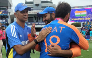 Rahul Dravid, Rohit Sharma and Virat Kohli after ICC T20 WC 2024 Triumph