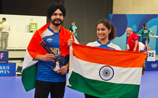 Manu Bhaker and Sarabjot Singh fire their way to bronze in mixed-team event Sarabjot Singh and Manu Bhaker after the victory