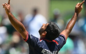 Saurabh Netravalkar celebrating a wicket