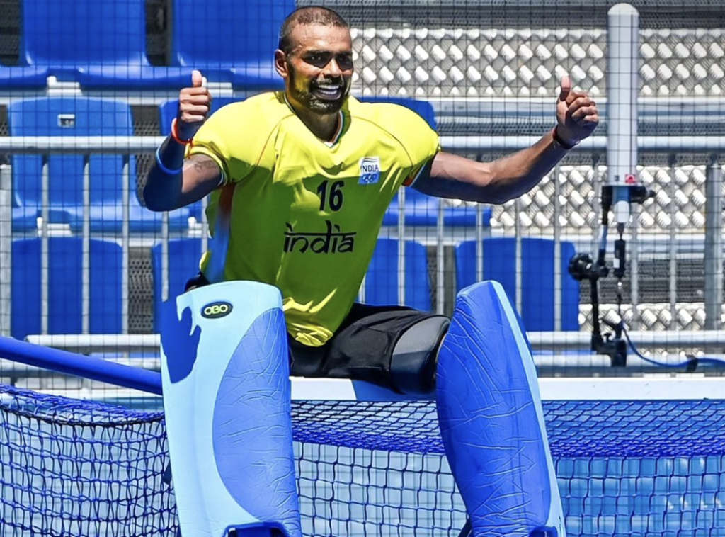 P.R. Sreejesh: A Journey of Heart, Grit, and Glory P.R. Sreejesh at the top of the goalpost at Tokyo Olympics