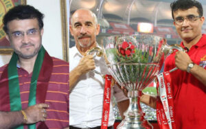 Sourav Ganguly getting felicited by Mohun Bagan Officials and with the ISL Trophy with ATK manager, Habas