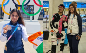 Suma Shirur with Ramita Jindal and Manu Bhaker with her Bronze Medal at Paris Olympics 2024