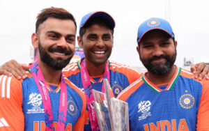 Suryakumar Yadav with Rohit Sharma and Virat Kohli