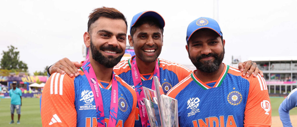 Suryakumar Yadav with Rohit Sharma and Virat Kohli