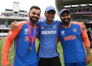 Virat Kohli, Rahul Dravid and Rohit Sharma after ICC T20 WC 2024 Triumph