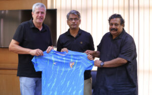 AIFF President Kalyan Chaubey, Acting Secretary General M Satyanarayan and India head coach Manolo Márquez