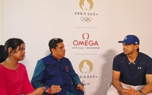 Boria Majumdar, Sharmistha Gooptu and Neeraj Chopra at Omega House in Paris