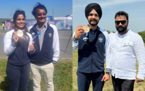 Manu Bhaker with her coach, Japal Rana and Sarabjot Singh with his coach, Abhishek Rana