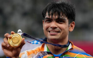 Neeraj Chopra with the Gold medal in Tokyo Olympics