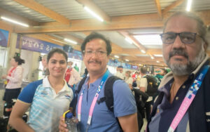 S Kannan with Manu Bhaker and Jaspal Rana