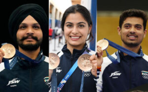 Sarabjot Singh, Manu Bhaker, and Swapnil Kusale with their medals in shooting in the Paris Olympics 2024