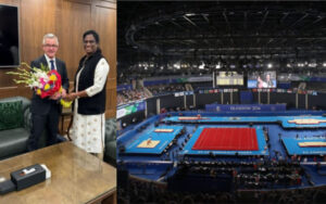 IOA President PT Usha with Chris Jenkins in New Delhi on Monday (left) and CWG 2014 Glasgow