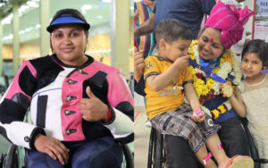 Mona Agarwal with her children with the World Cup gold medal after she secured her quota for Paris