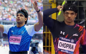 Neeraj Chopra at Paris 2024 Olympics (left) and Brussels