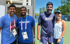 Rohan Bopanna with Sriram Balaji at Paris 2024 Olympics (left) and with doubles partner Aldila Sutijadi after the US Open last week in New York