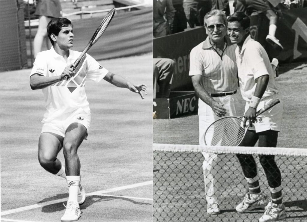 Touch artist Ramesh Krishnan (left). Naresh Kumar with Leander Paes. Credit: X