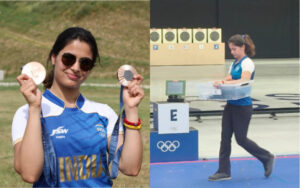 Manu Bhaker with her two medals from the Paris 2024 Olympics (left). Manu leaving with her equipment after her match in Chateauroux