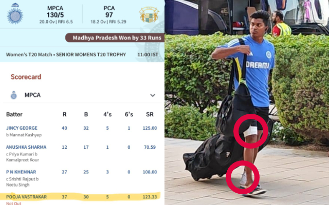 ‘Rested’ Pooja Vastrakar playing in Senior Women’s T20 Trophy Pooja Vastrakar with straps during the T20 World Cup 2024