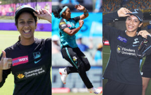 Jemimah Rodrigues, Shikha Pandey, and Smriti Mandhana in the WBBL 10