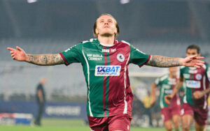 MBSG's Jason Cummings celebrating after scoring against CFC at Vivekananda Yuba Bharati Krirangan Stadium, Kolkata on Saturday