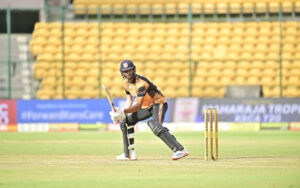 Manvanth Kumar in action in the Maharaja T20 Trophy