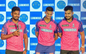 Sanju Samson with Yashasvi Jaiswal and Riyan Parag in an event