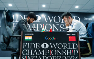 D Gukesh in action against Ding Liren in the World Chess Championship match 