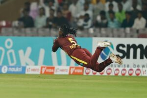 Deandra Dottin taking a stunner in the T20I series against India