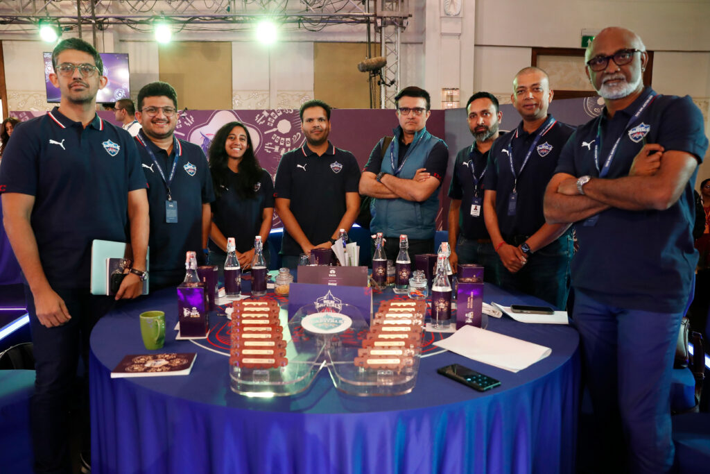 Sourav Ganguly director of cricket Delhi Capitals and staff pose for picture during the WPL Player Auction held at the ITC Gardenia Hotel in Bengaluru, India on the 15th December 2024