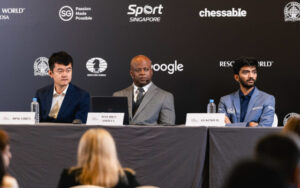 Ding Liren and D Gukesh in a media interaction