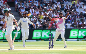 Jasprit Bumrah takes the wicket of Sam Konstas in the second innings at the MCG