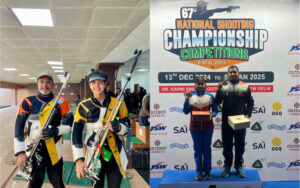 Joydeep Karmakar with son Adrian (left). Suruchi and Samrat Rana after winning air pistol mixed event at Nationals