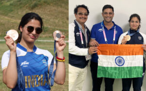 Manu Bhaker with her coach Jaspal Rana and other Indian associates