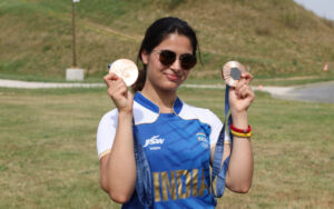 Manu Bhaker with her medals at the Paris Olympics