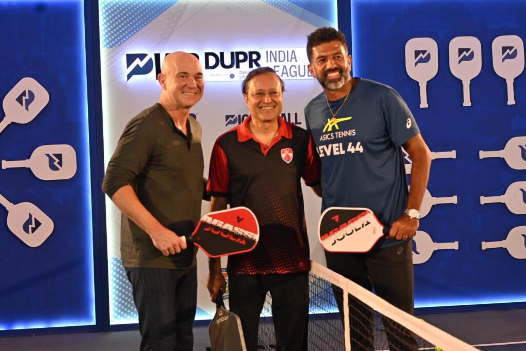 Andre Agassi, Rohan Bopanna engage in a game of pickleball to launch PWR DUPR India League, Union Sports Minister lauds the initiative to launch the league Vineet Jain with Andre Agassi and Rohan Bopanna