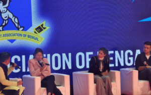 Boria Majumdar with Jhulan Goswami, Mithali Raj, and Sourav Ganguly during the event