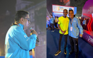 Boria Majumdar with Sir Mo Farah at the Tata Mumbai Marathon