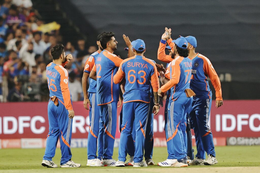 India celebrates a wicket against England in the 4th T20I