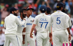 Jasprit Bumrah and his teammates at Sam Konstas after Usman Khawaja's wicket at the SCG